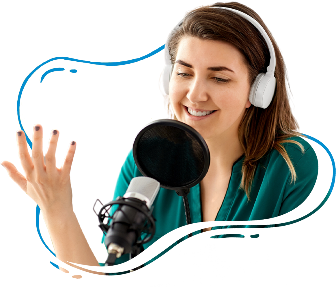smiling woman with microphone headset